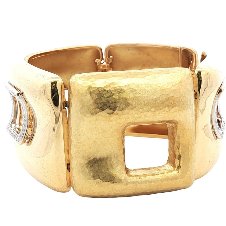 Italian Diamond Hammered & Polished 18 Karat Yellow Gold Wide Link Bracelet