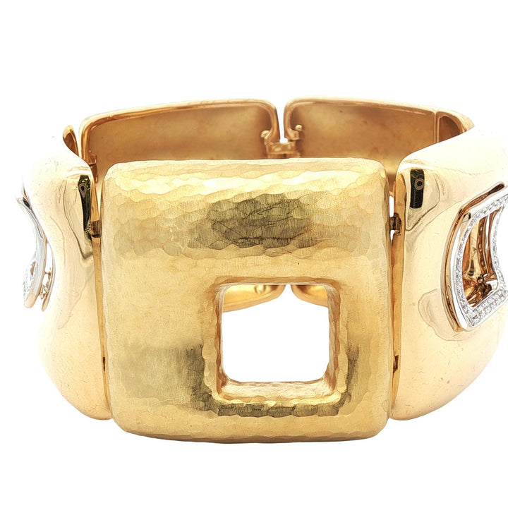 Italian Diamond Hammered & Polished 18 Karat Yellow Gold Wide Link Bracelet