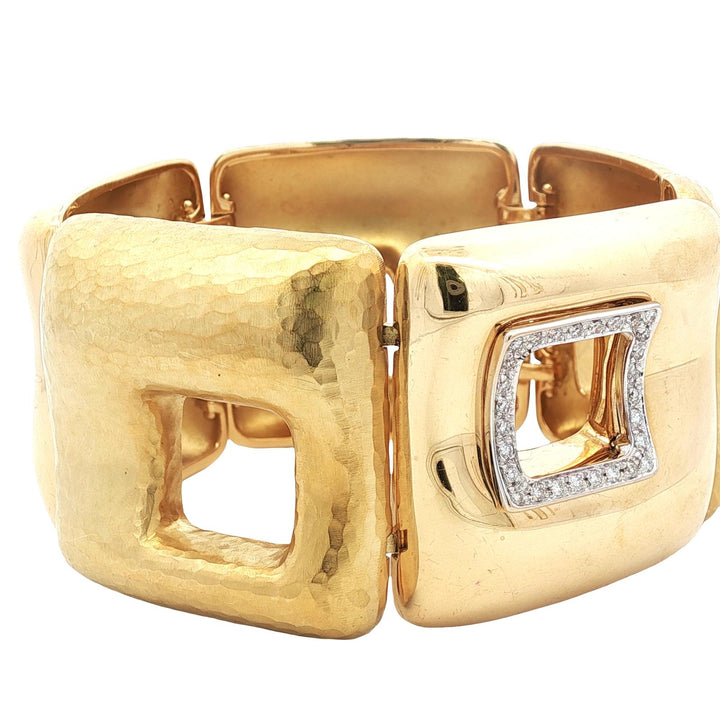 Italian Diamond Hammered & Polished 18 Karat Yellow Gold Wide Link Bracelet