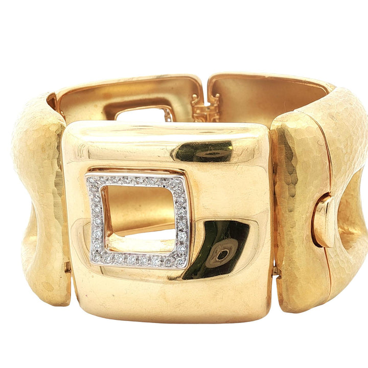 Italian Diamond Hammered & Polished 18 Karat Yellow Gold Wide Link Bracelet