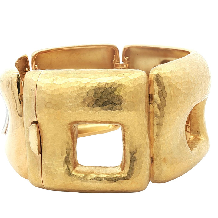 Italian Diamond Hammered & Polished 18 Karat Yellow Gold Wide Link Bracelet