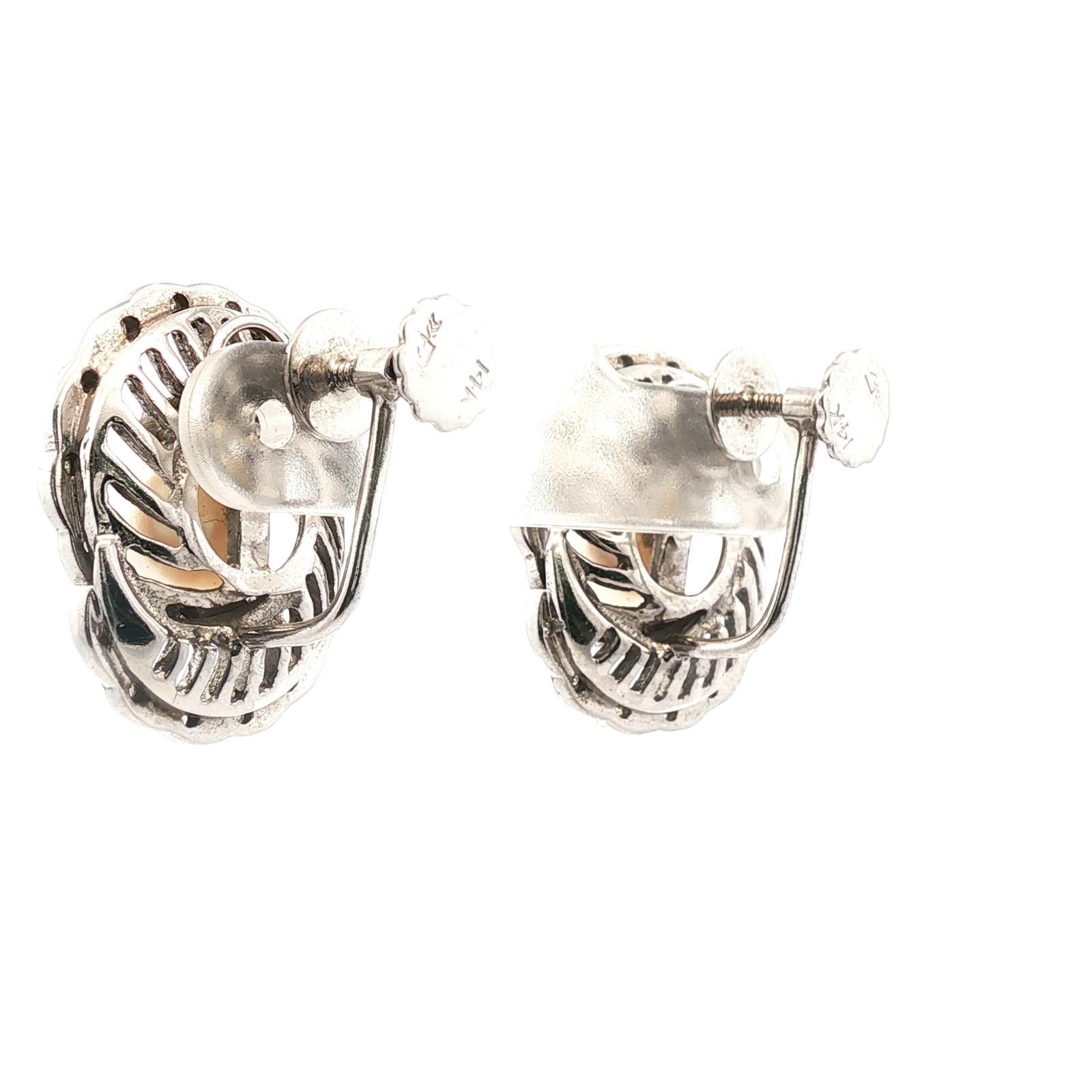 1950's  Diamond Swirl Pearl 14 Karat White Gold Screw Clip Vintage Earrings