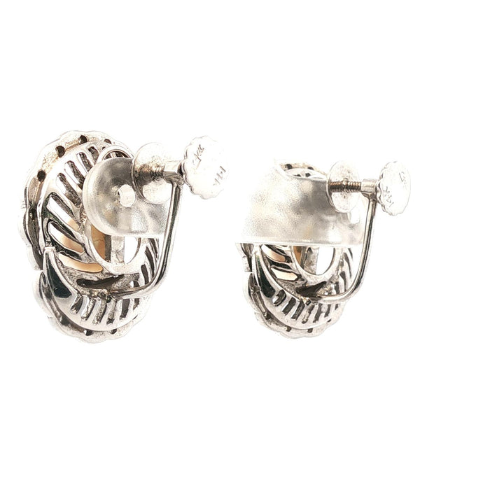 1950's  Diamond Swirl Pearl 14 Karat White Gold Screw Clip Vintage Earrings