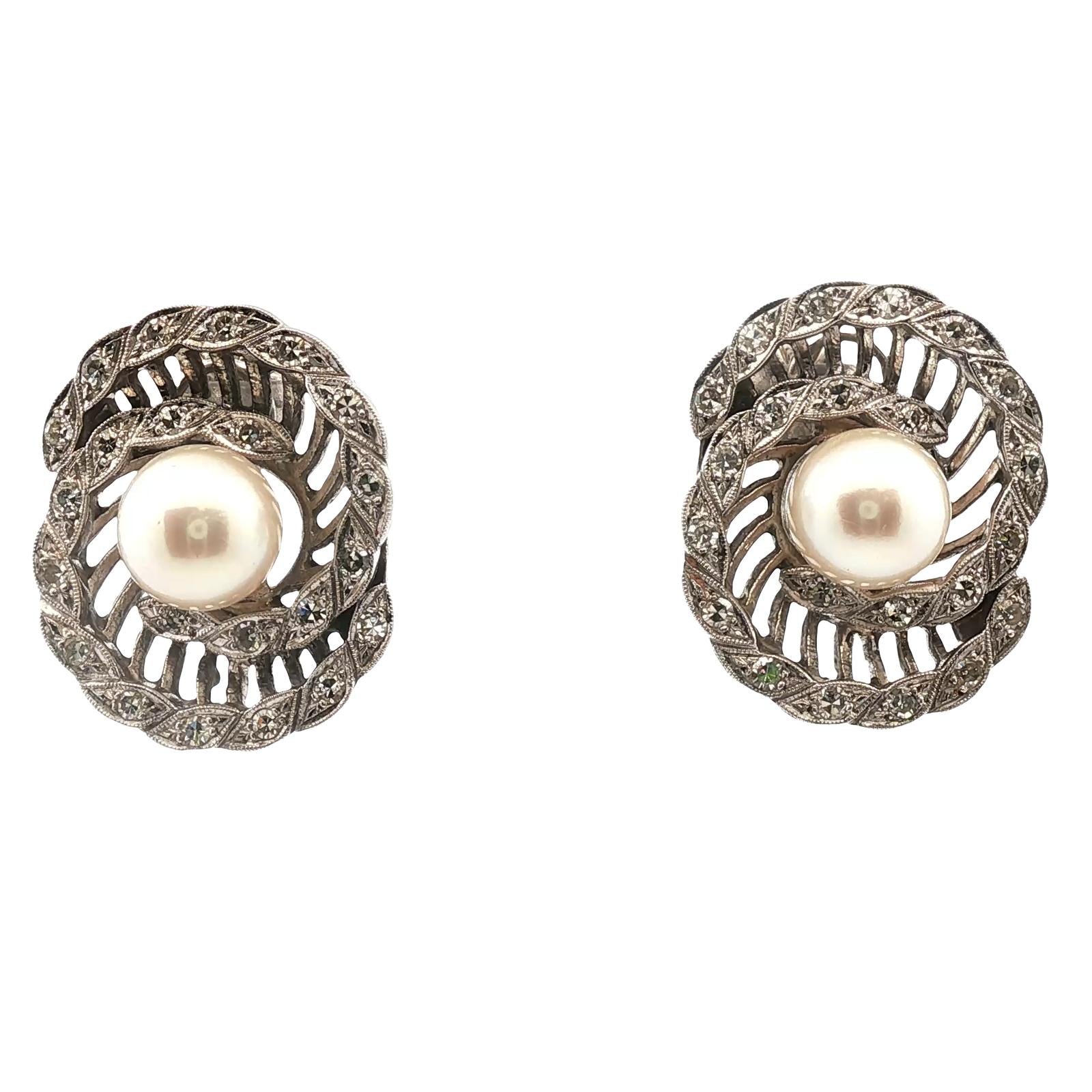 1950's  Diamond Swirl Pearl 14 Karat White Gold Screw Clip Vintage Earrings