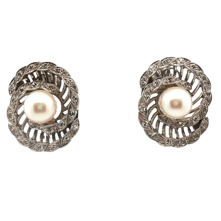 1950's  Diamond Swirl Pearl 14 Karat White Gold Screw Clip Vintage Earrings