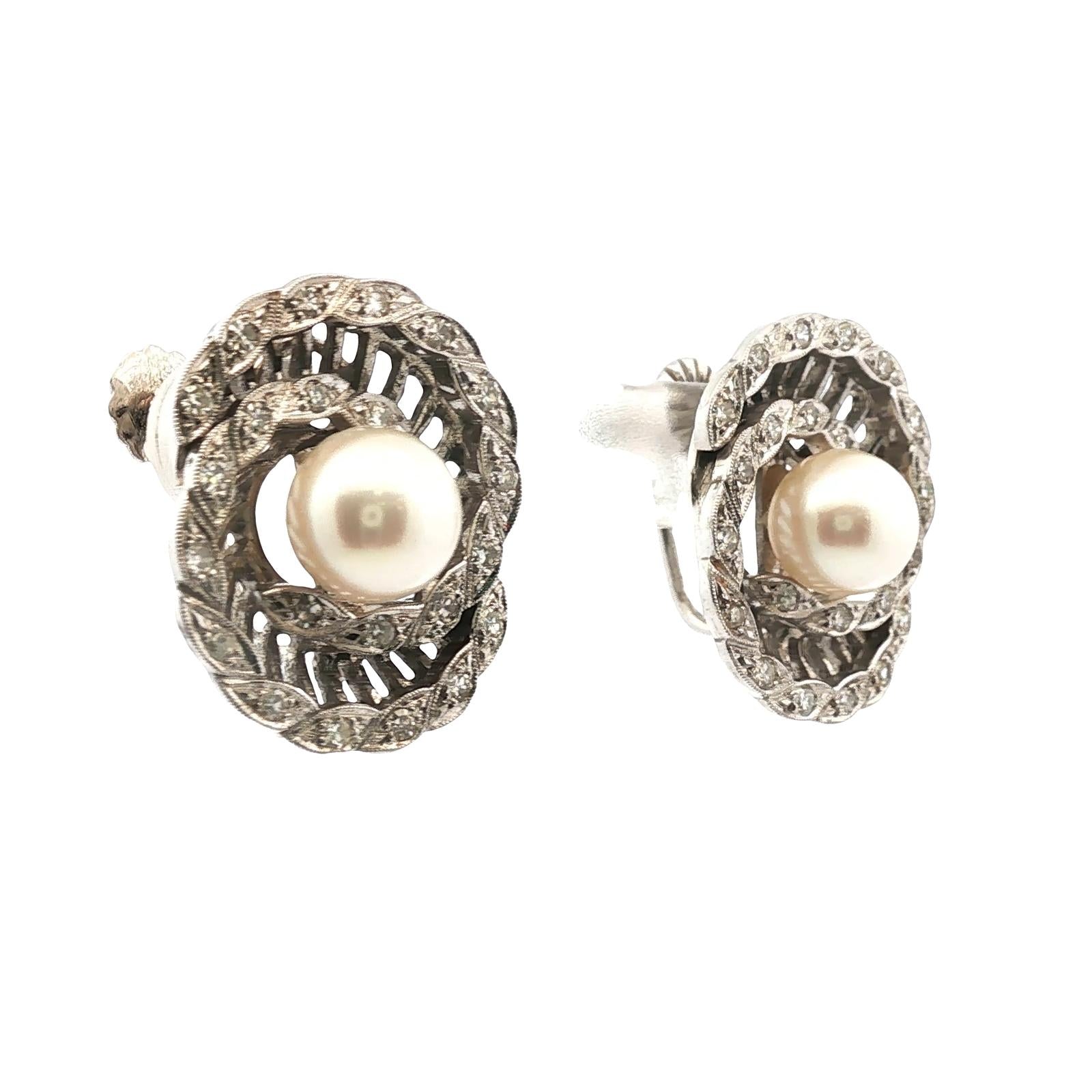 1950's  Diamond Swirl Pearl 14 Karat White Gold Screw Clip Vintage Earrings