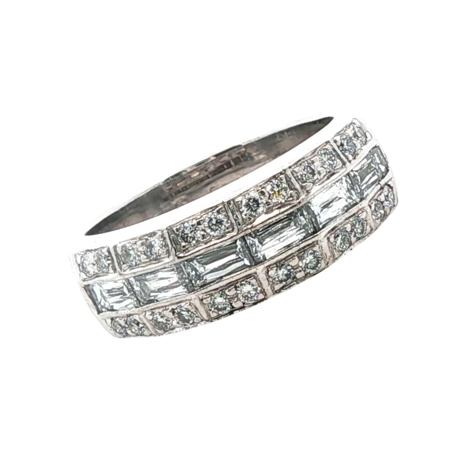 Baguette & Round Brilliant Cut Diamond 18 Karat White Gold Band Ring
