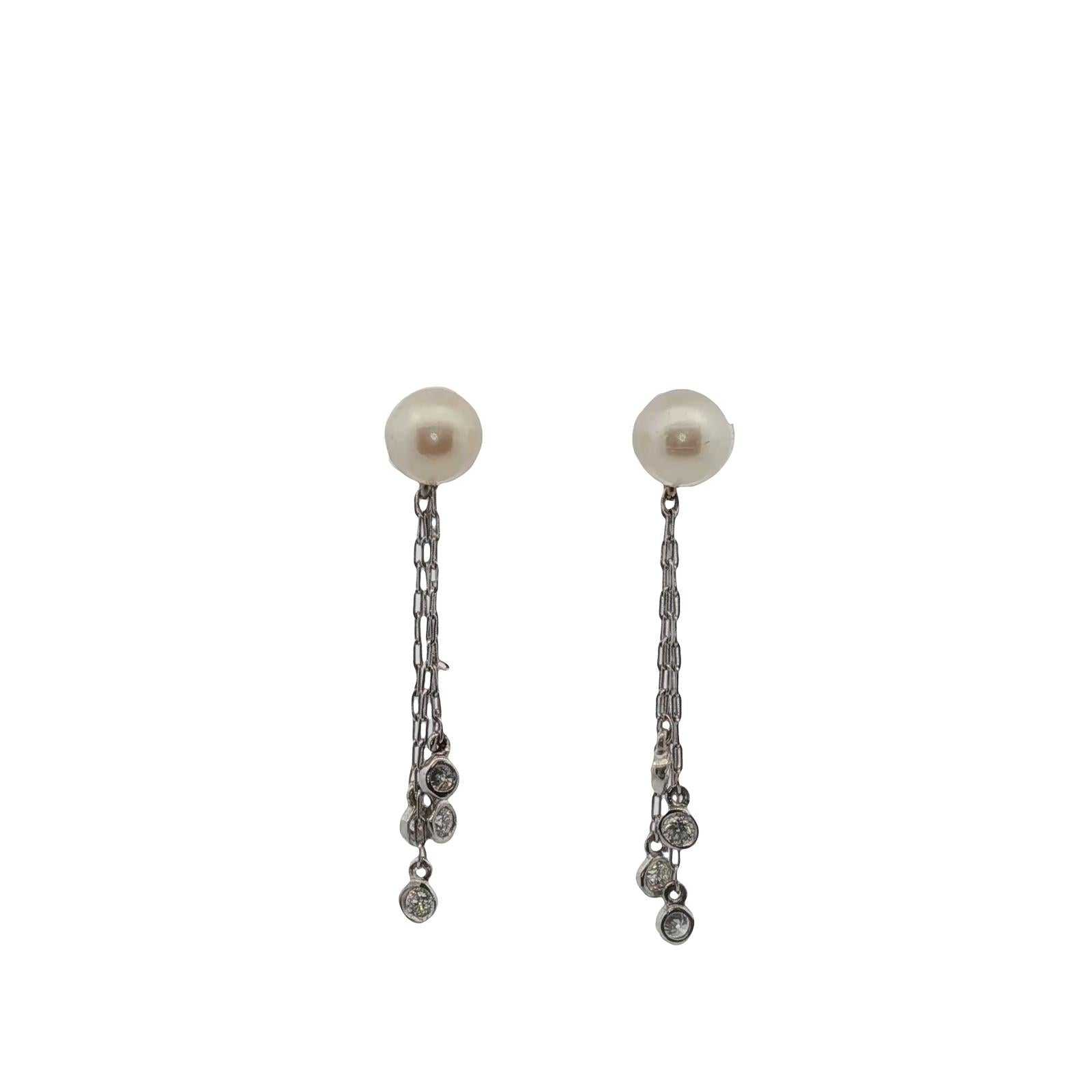 Pearl Diamond Drop Earrings 14 Karat White Gold