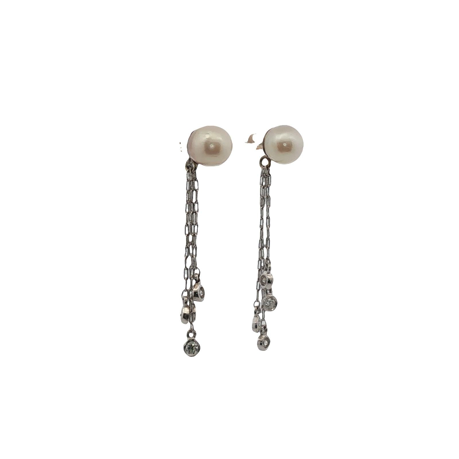 Pearl Diamond Drop Earrings 14 Karat White Gold