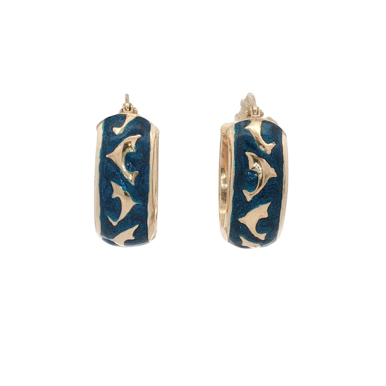 Italian Blue Enamel 14 Karat Yellow Gold DophinOval Hoop Earrings