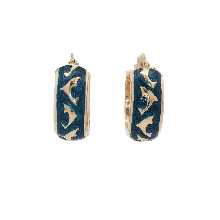 Italian Blue Enamel 14 Karat Yellow Gold DophinOval Hoop Earrings