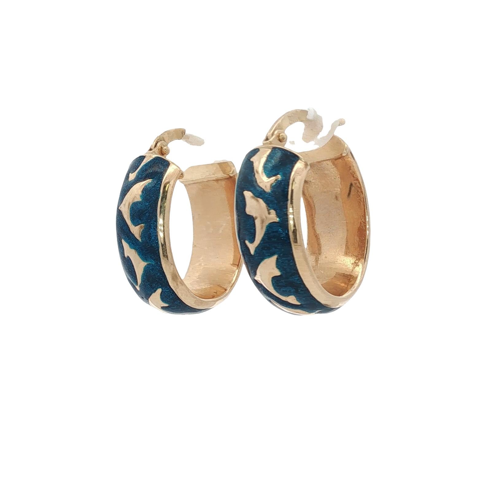 Italian Blue Enamel 14 Karat Yellow Gold DophinOval Hoop Earrings