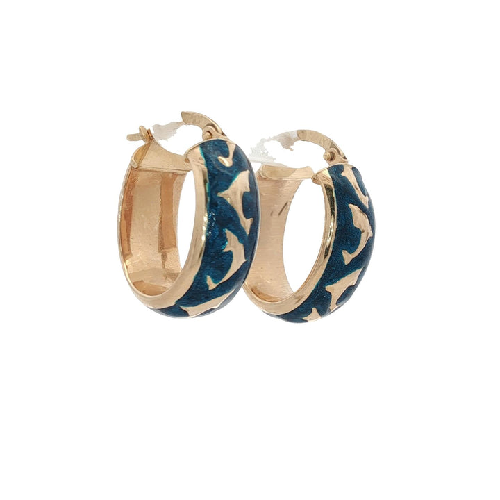 Italian Blue Enamel 14 Karat Yellow Gold DophinOval Hoop Earrings