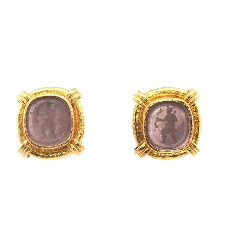 Elizabeth Locke Intaglio Pink Venetian Glass 19 Karat Yellow Gold Earrings