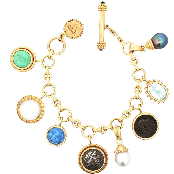 Elizabeth Locke Intaglio Pearl 19K Yellow Gold Charm Bracelet Toggle Clasp
