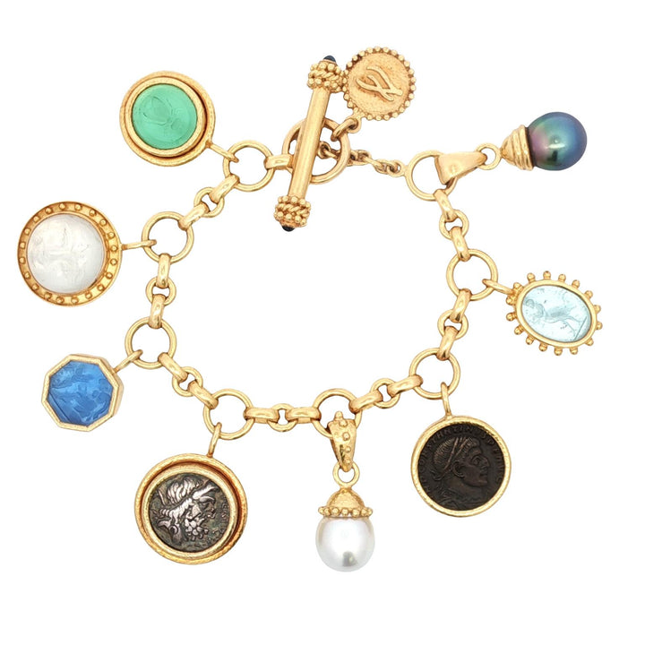 Elizabeth Locke Intaglio Pearl 19K Yellow Gold Charm Bracelet Toggle Clasp