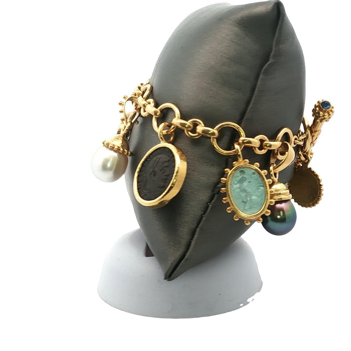 Elizabeth Locke Intaglio Pearl 19K Yellow Gold Charm Bracelet Toggle Clasp