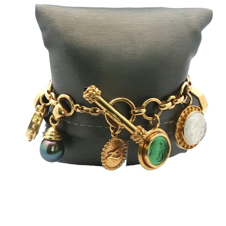 Elizabeth Locke Intaglio Pearl 19K Yellow Gold Charm Bracelet Toggle Clasp