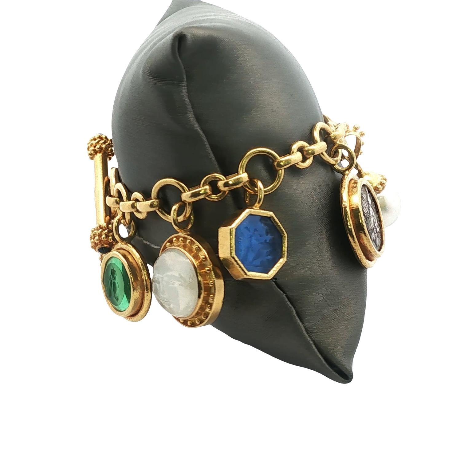 Elizabeth Locke Intaglio Pearl 19K Yellow Gold Charm Bracelet Toggle Clasp