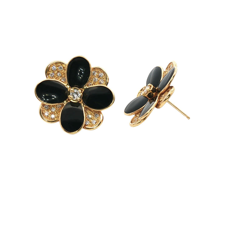 Marco Bicego Petali Diamond Black Enamel Floral 18 Karat Yellow Gold Earrings