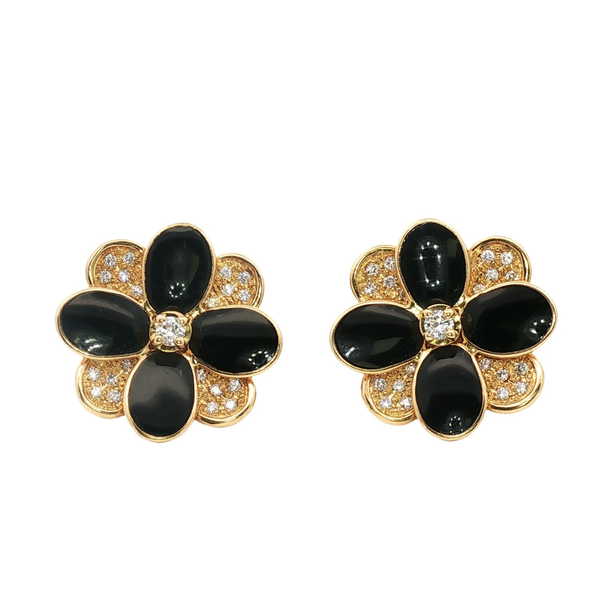Marco Bicego Petali Diamond Black Enamel Floral 18 Karat Yellow Gold Earrings