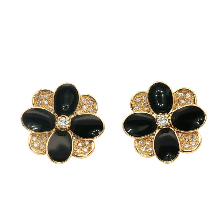 Marco Bicego Petali Diamond Black Enamel Floral 18 Karat Yellow Gold Earrings