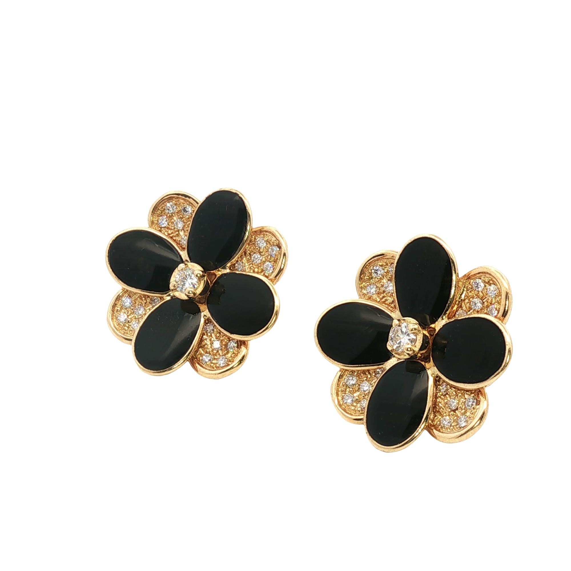 Marco Bicego Petali Diamond Black Enamel Floral 18 Karat Yellow Gold Earrings