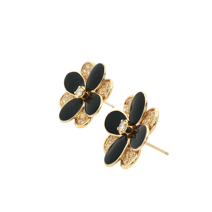 Marco Bicego Petali Diamond Black Enamel Floral 18 Karat Yellow Gold Earrings