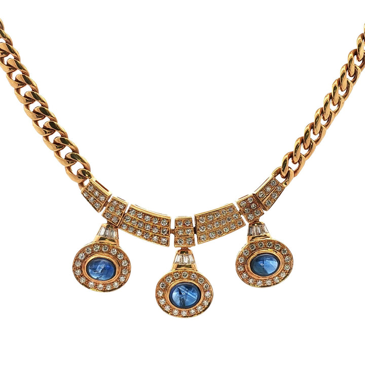Vintage Diamond Cabochon Blue Sapphire 18 Karat Yellow Gold Curb Link Necklace