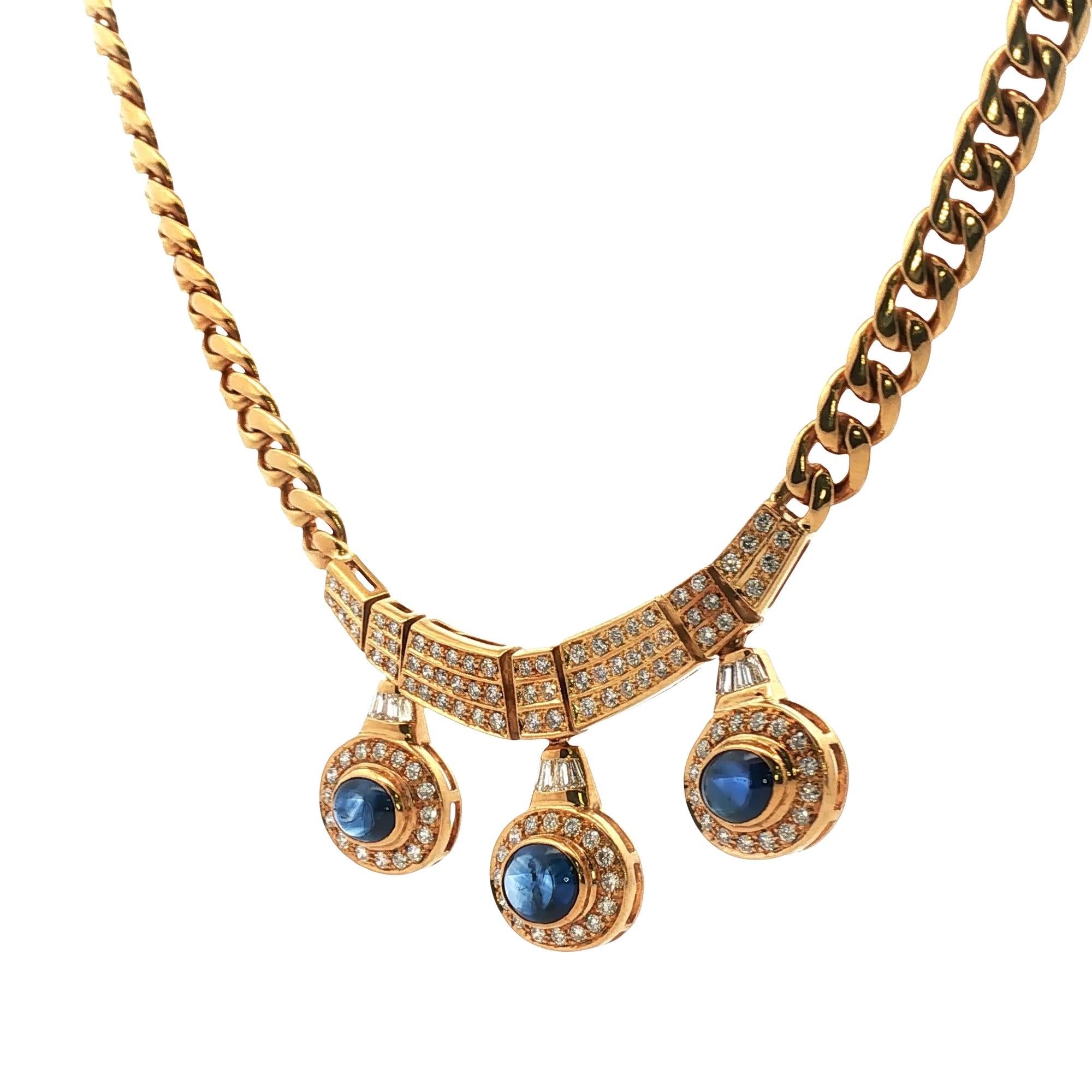 Vintage Diamond Cabochon Blue Sapphire 18 Karat Yellow Gold Curb Link Necklace