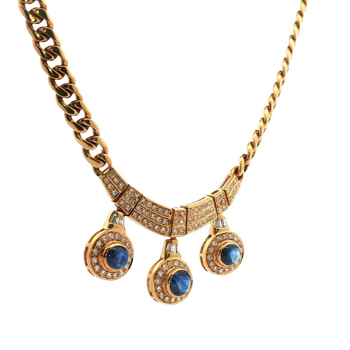 Vintage Diamond Cabochon Blue Sapphire 18 Karat Yellow Gold Curb Link Necklace