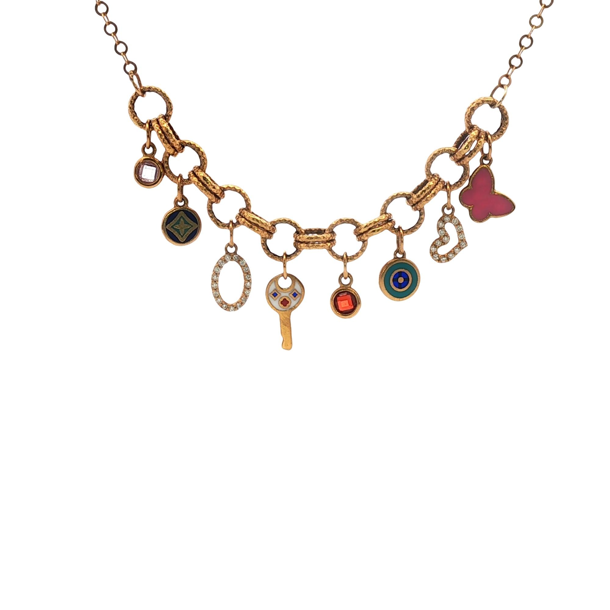 21 Karat Yellow Gold Enamel & Diamond Mulit-Charm Link Necklace