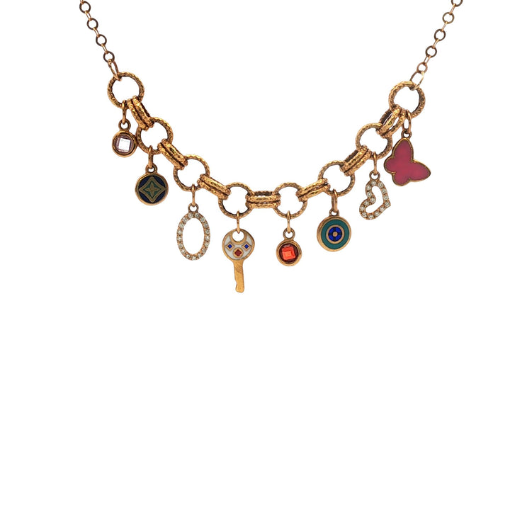 21 Karat Yellow Gold Enamel & Diamond Mulit-Charm Link Necklace