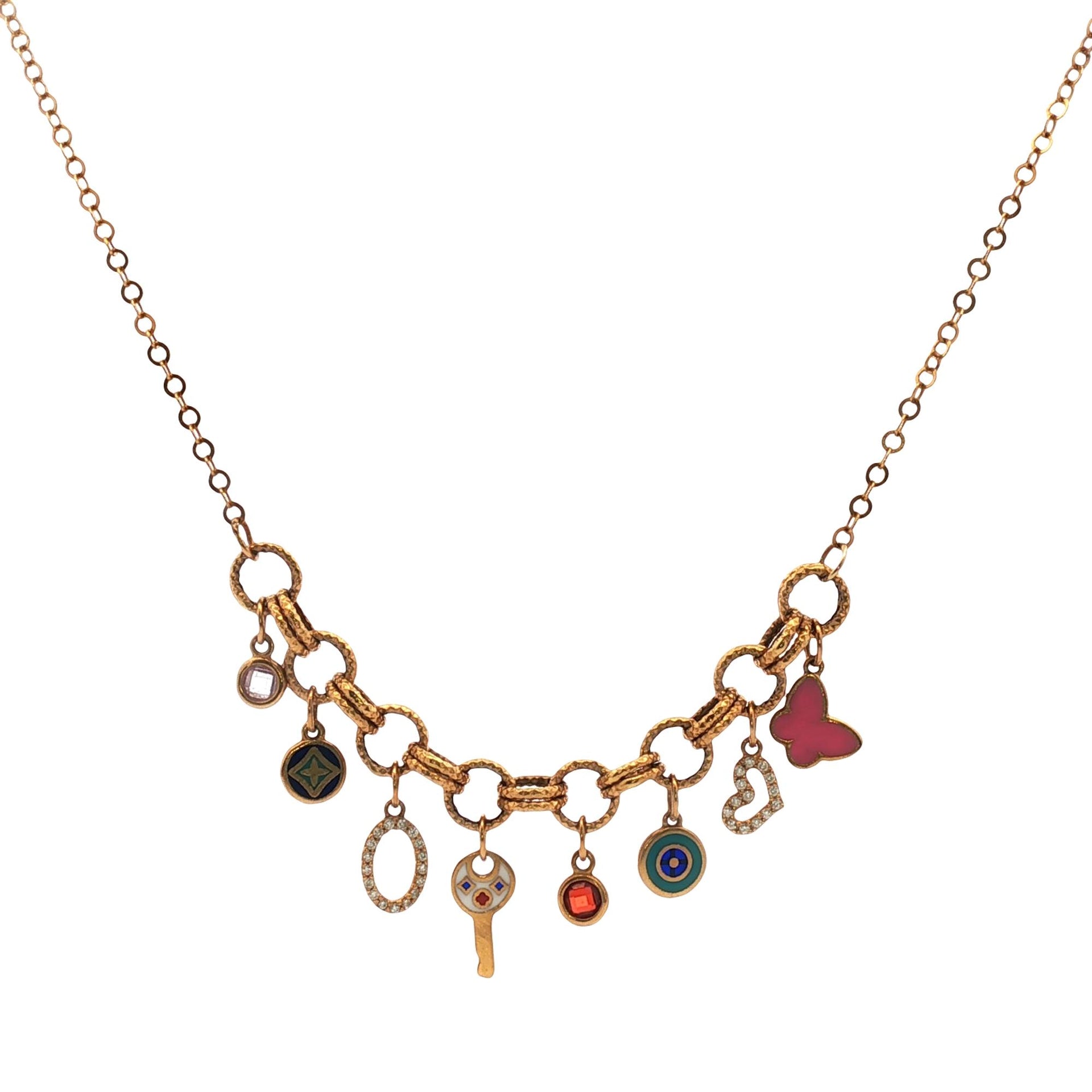 21 Karat Yellow Gold Enamel & Diamond Mulit-Charm Link Necklace