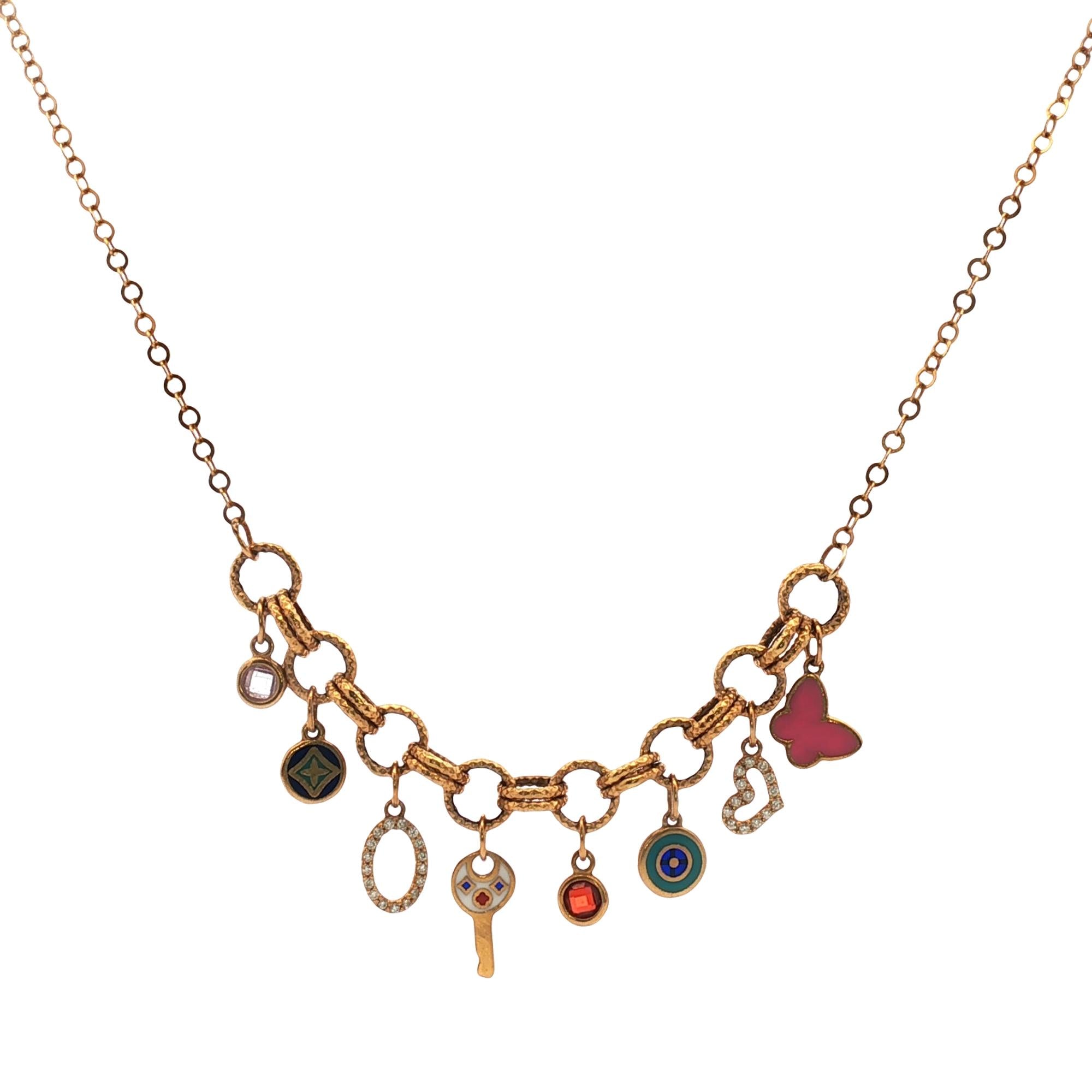 21 Karat Yellow Gold Enamel & Diamond Mulit-Charm Link Necklace