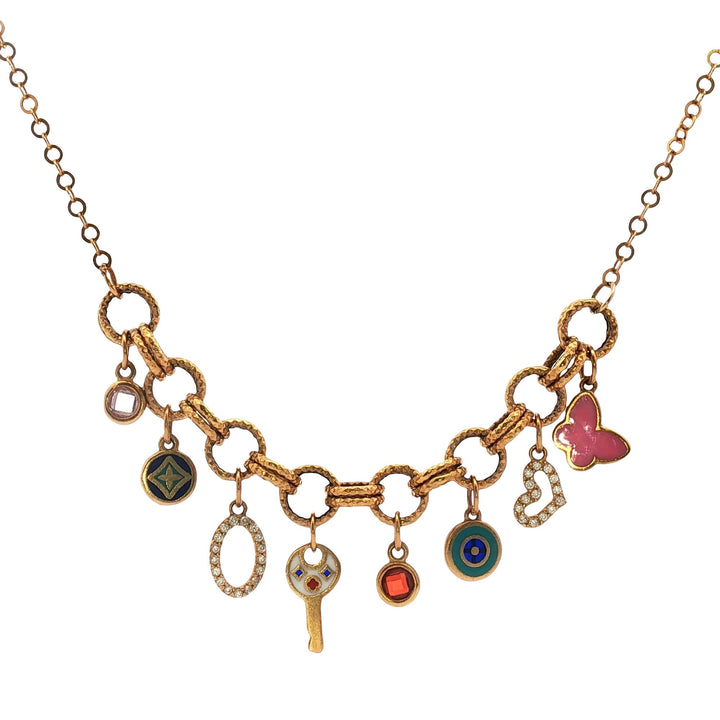 21 Karat Yellow Gold Enamel & Diamond Mulit-Charm Link Necklace