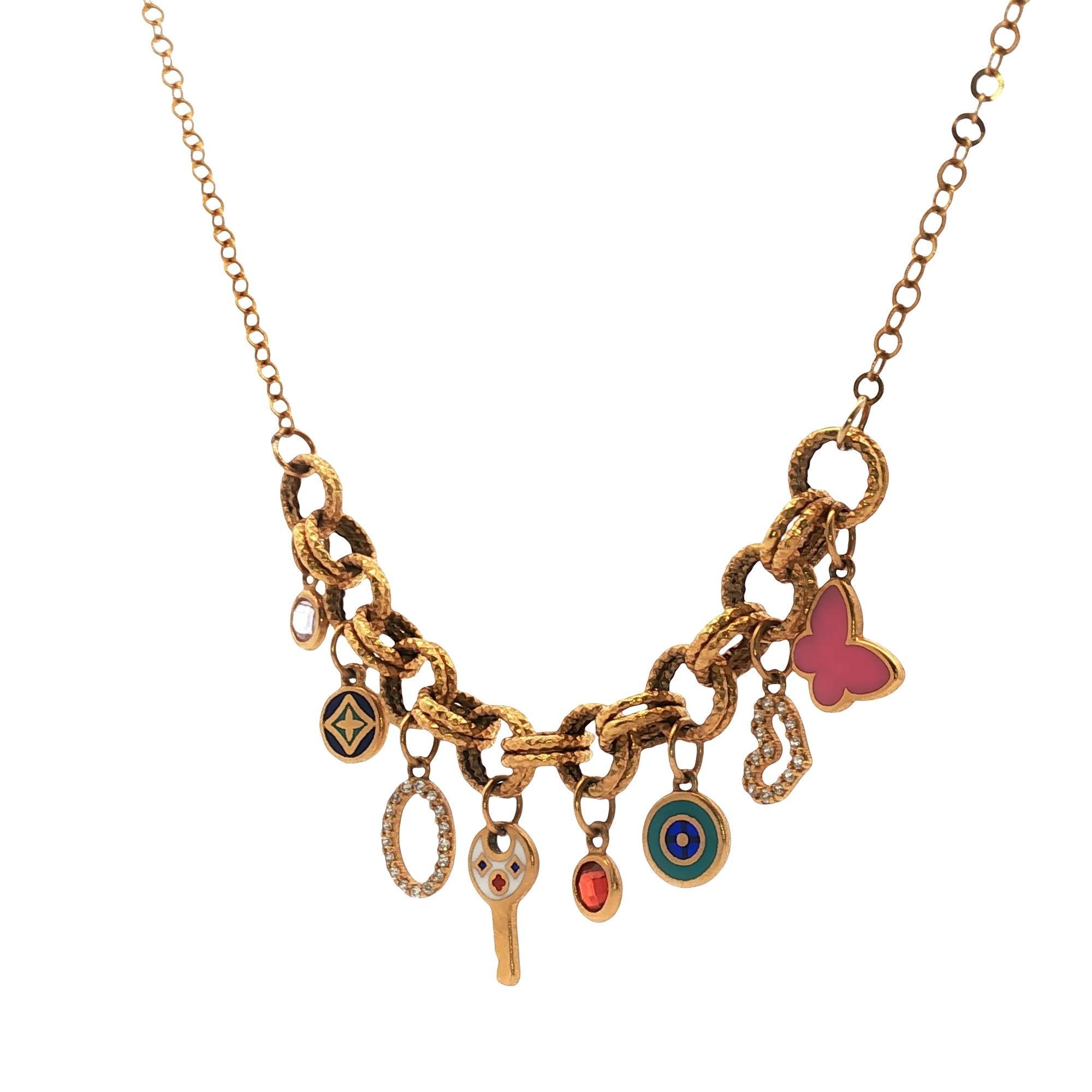 21 Karat Yellow Gold Enamel & Diamond Mulit-Charm Link Necklace