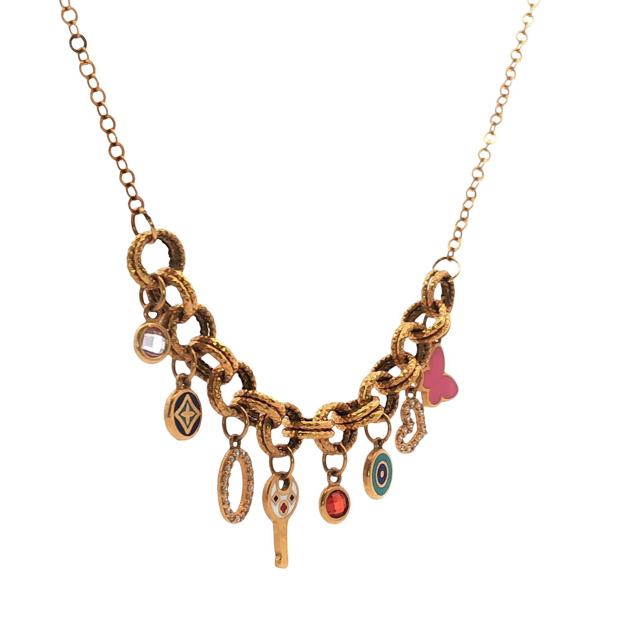 21 Karat Yellow Gold Enamel & Diamond Mulit-Charm Link Necklace