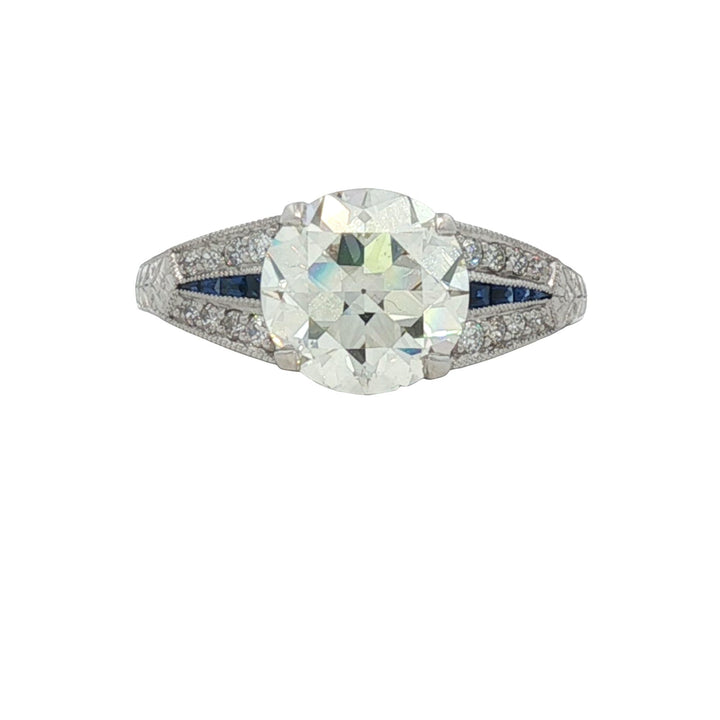 Old European Cut Diamond Platinum Engagement Ring GIA Certified Sapphire Accents
