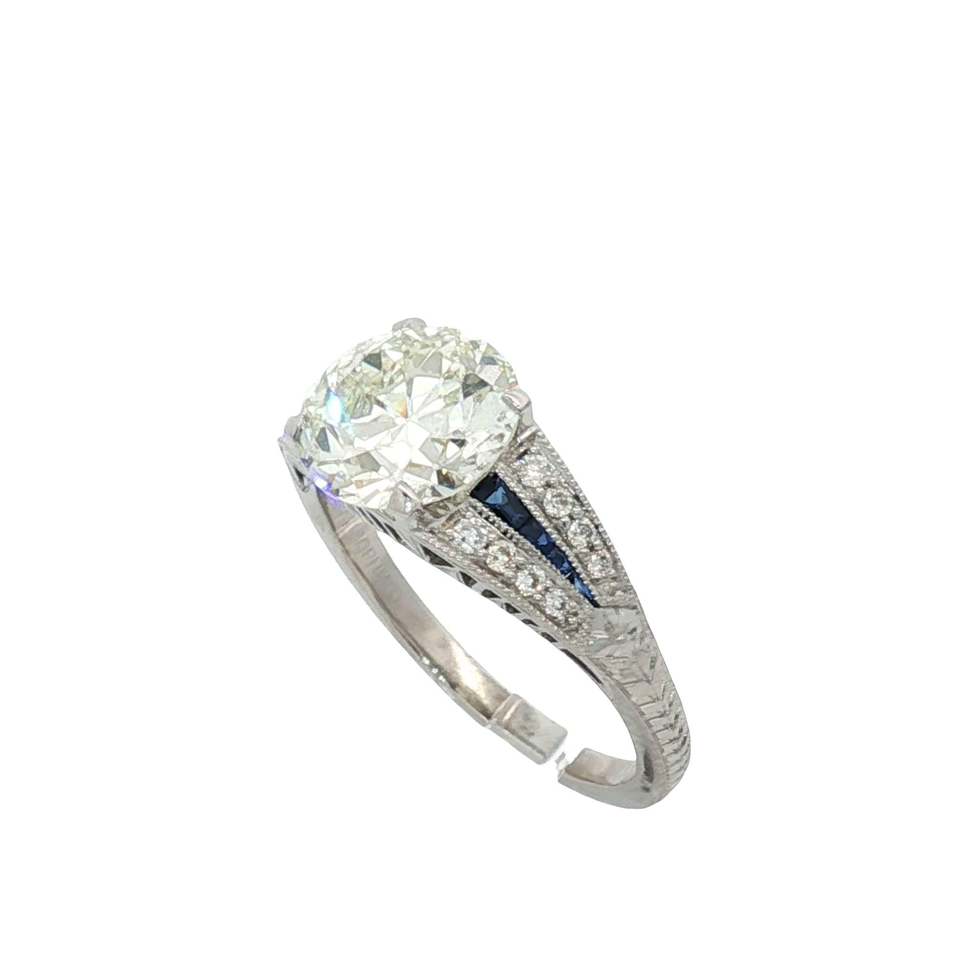 Old European Cut Diamond Platinum Engagement Ring GIA Certified Sapphire Accents