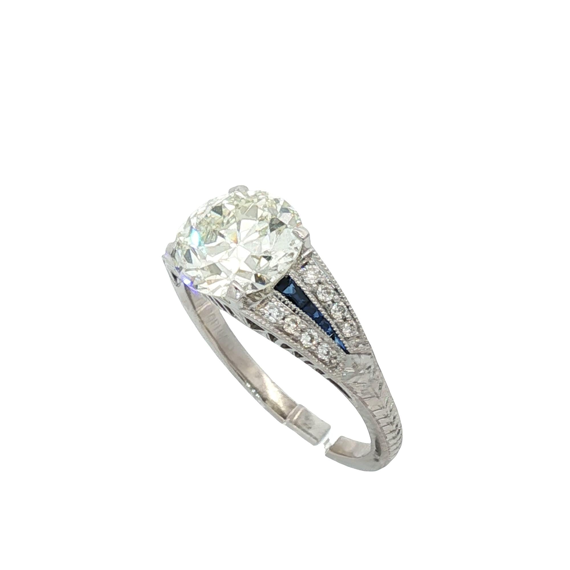 Old European Cut Diamond Platinum Engagement Ring GIA Certified Sapphire Accents