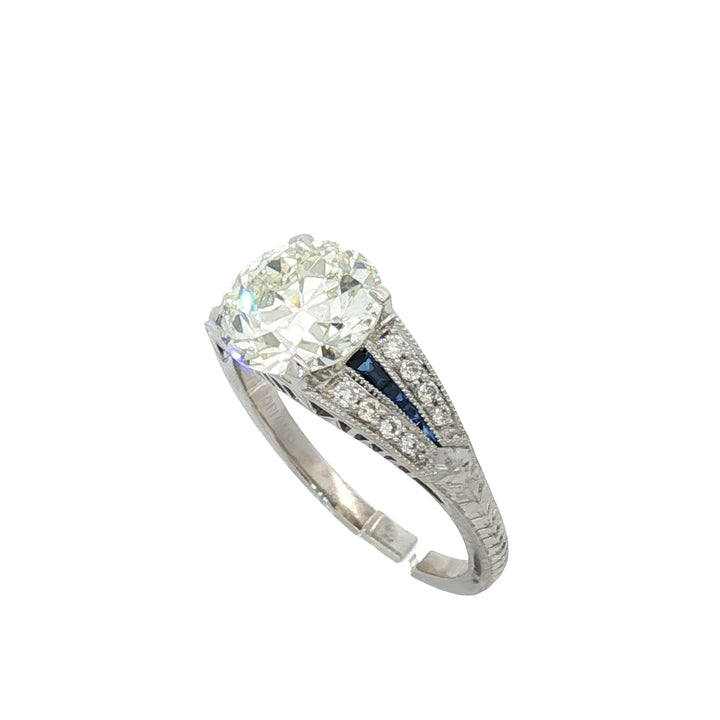 Old European Cut Diamond Platinum Engagement Ring GIA Certified Sapphire Accents