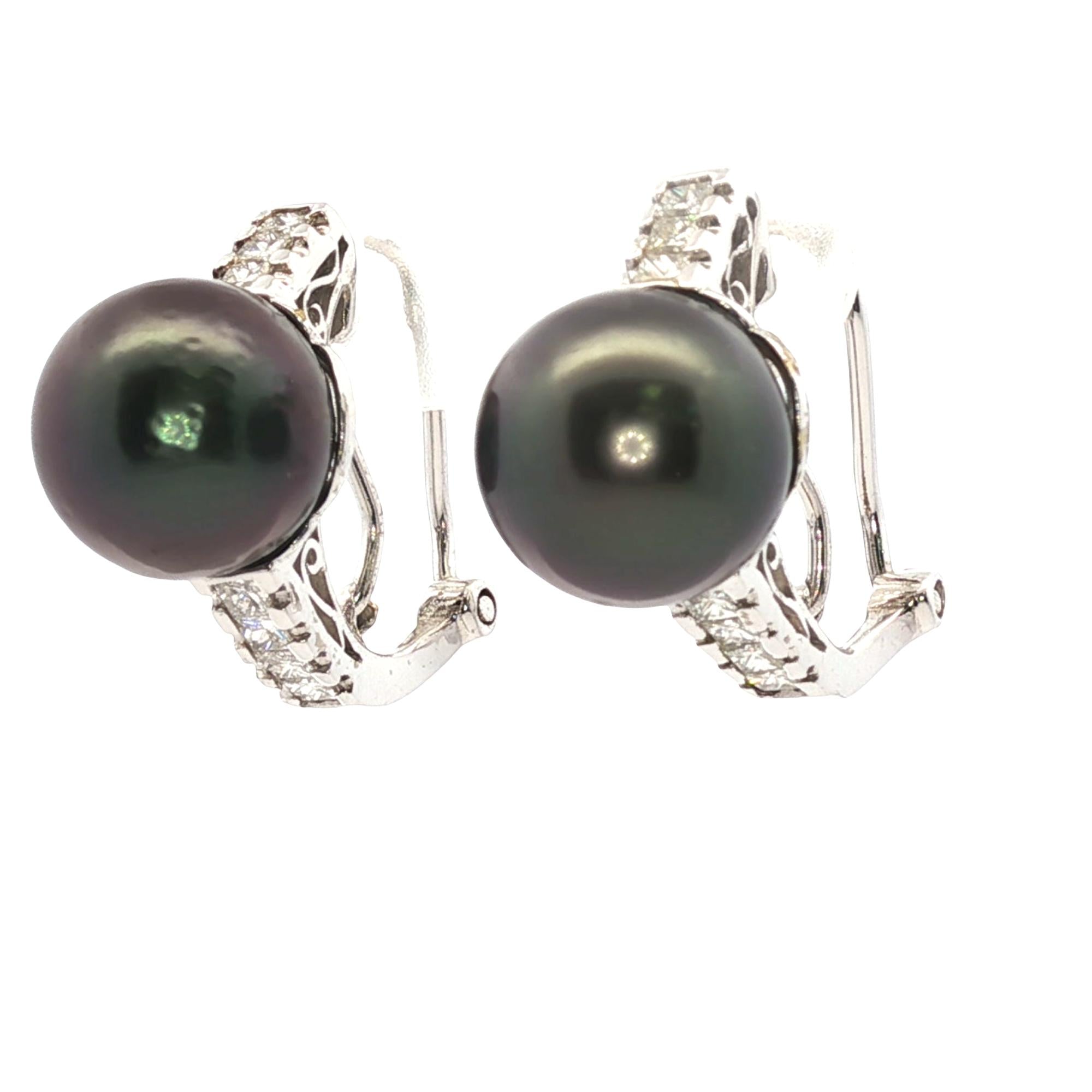 Diamond Black Pearl 14 Karat White Gold Leverback Earrings