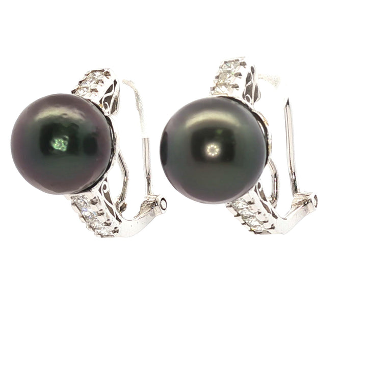 Diamond Black Pearl 14 Karat White Gold Leverback Earrings