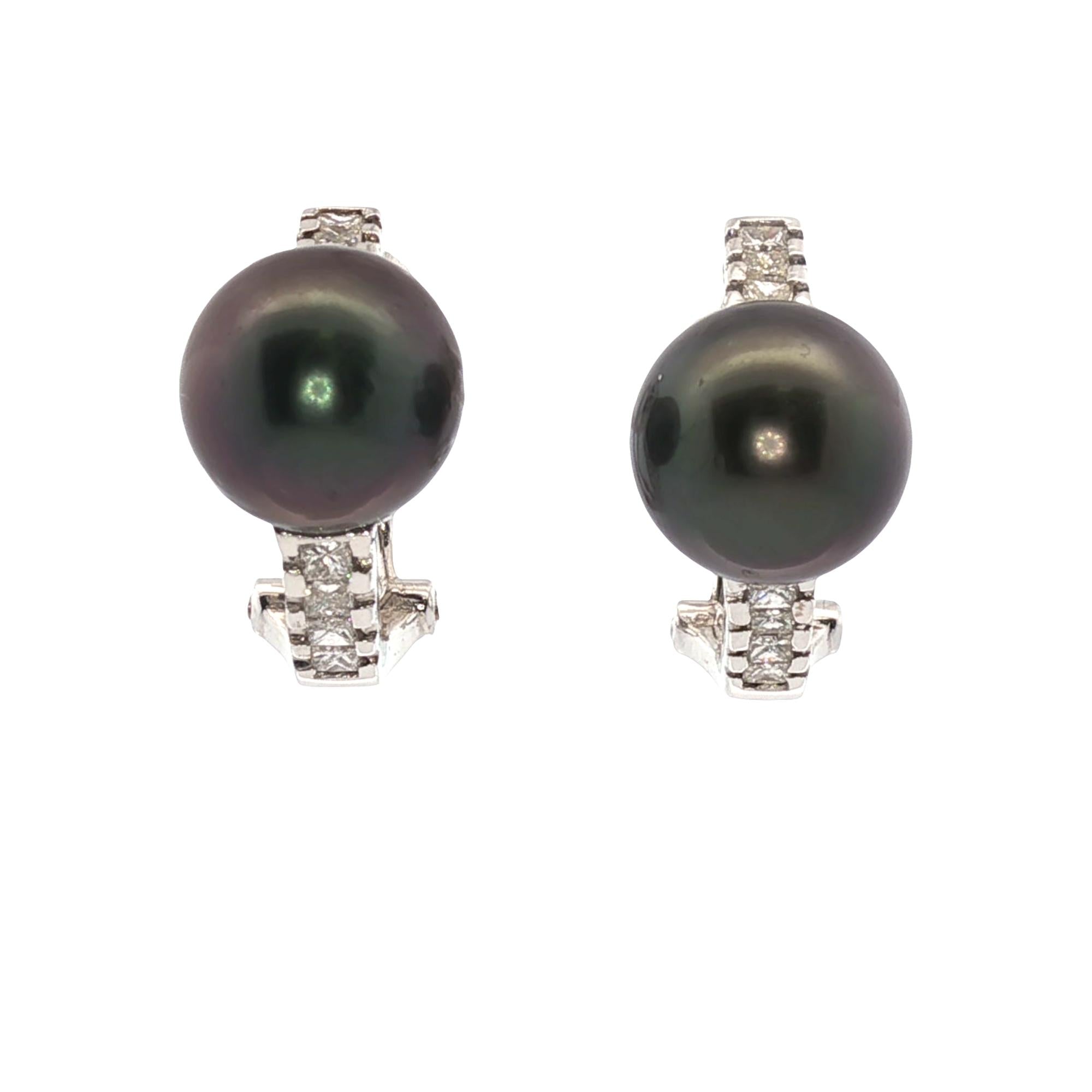 Diamond Black Pearl 14 Karat White Gold Leverback Earrings