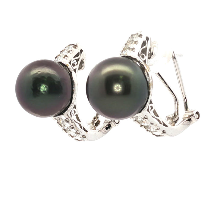 Diamond Black Pearl 14 Karat White Gold Leverback Earrings