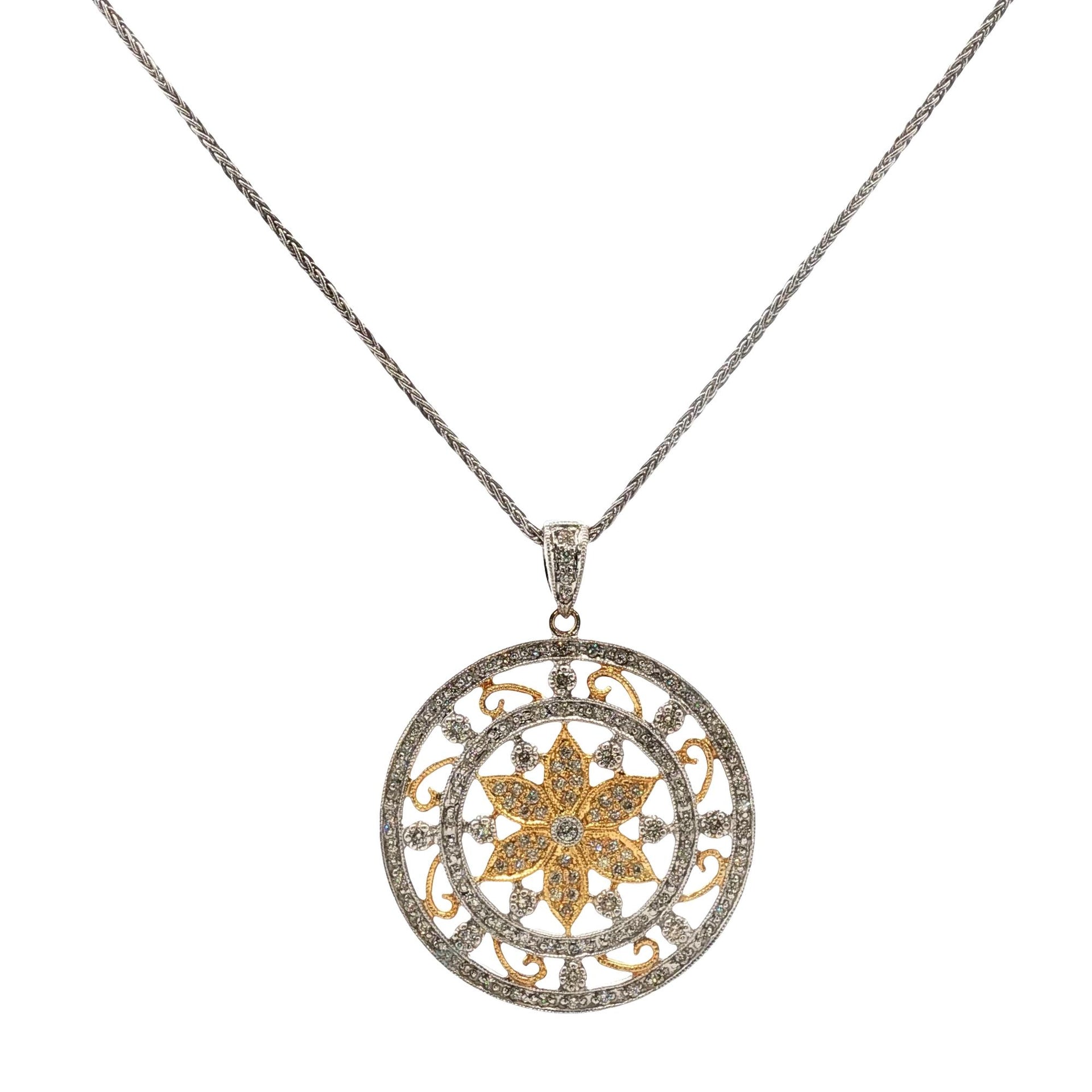 Diamond Circle Floral Design 18 Karat Two Tone Gold Modern Pendant Necklace