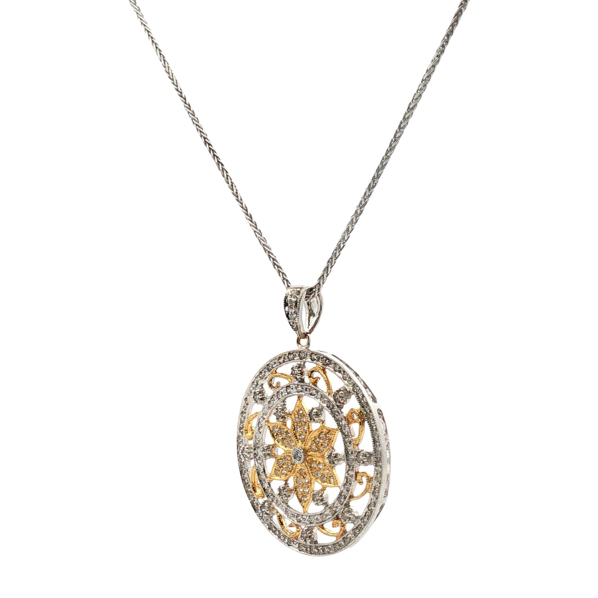 Diamond Circle Floral Design 18 Karat Two Tone Gold Modern Pendant Necklace