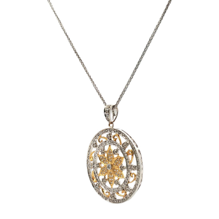 Diamond Circle Floral Design 18 Karat Two Tone Gold Modern Pendant Necklace