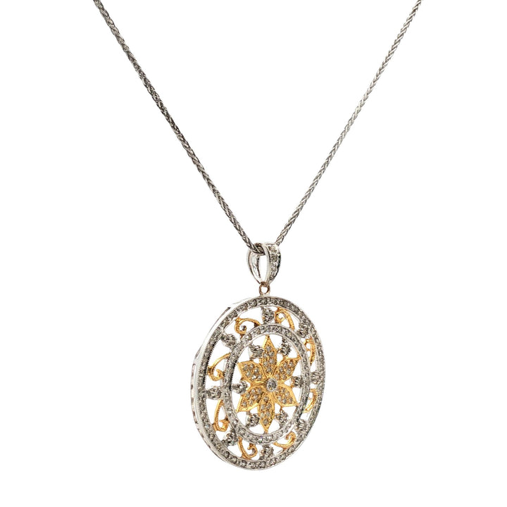 Diamond Circle Floral Design 18 Karat Two Tone Gold Modern Pendant Necklace